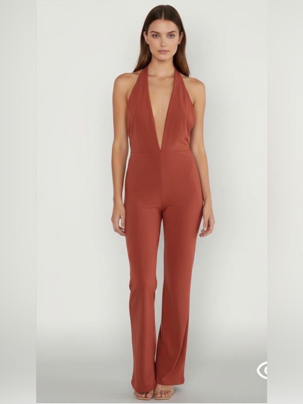NWT | Krisa | Plunge Halter Flare Jumpsuit | Burnt Orange | Large
